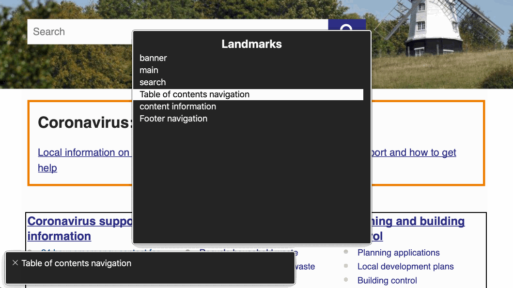 Screenshot of the VoiceOver Rotor, in Safari, show a list of landmarks for a site’s homepage. Some landmarks have custom labels.