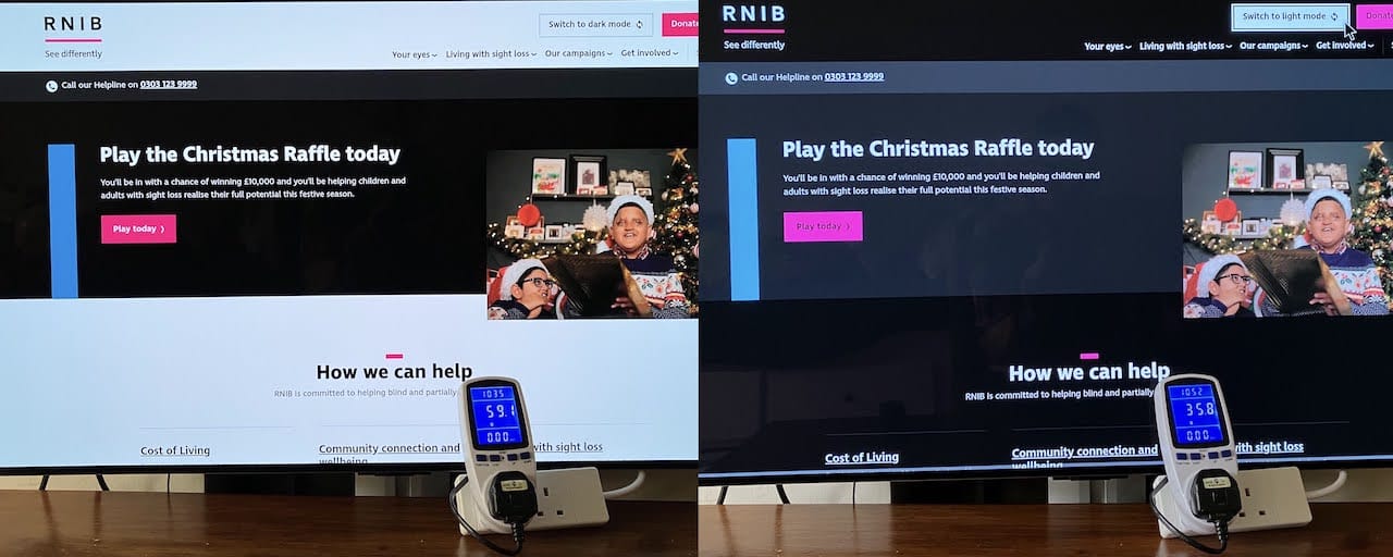 Side-by-side shots of the RNIB website with a power meter in front. On the left is a light theme where the power meter says 59.1. On the right dark theme and the power meter says 35.8