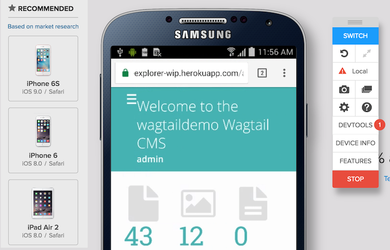 Screenshot of the Browserstack interface, testing the Wagtail admin on an Android phone
