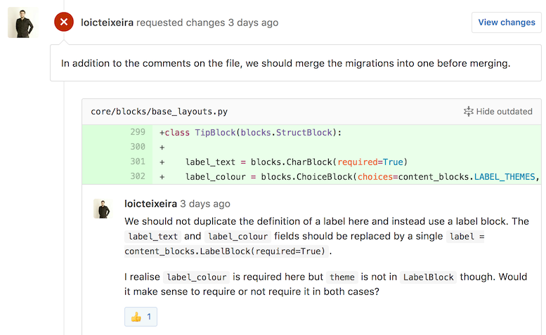Screenshot of a sample Pull Request review on GitHub