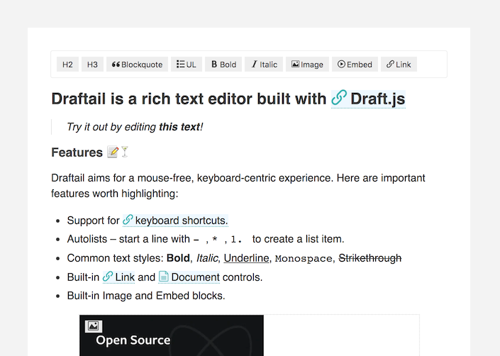 Screenshot from the Draftail demo