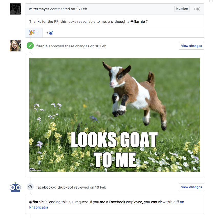 Screenshot of a GitHub code review from @flarnie, with a cute Looks Good To Me image of a jumping goat captioned "LOOKS GOAT TO ME"