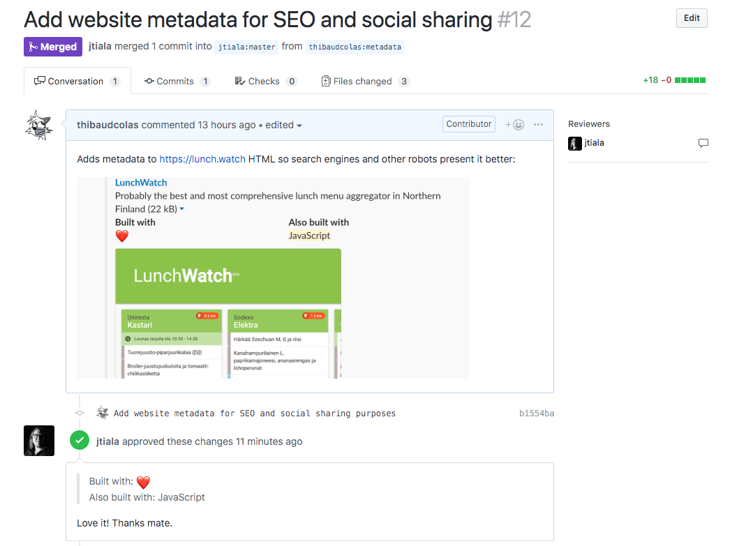 Screenshot of the GitHub interface for pull request reviews, showing a contribution to LunchWatch