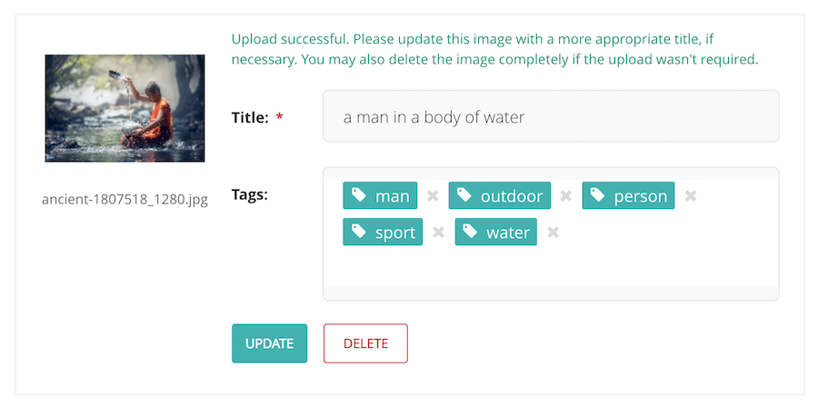 Screenshot of the Wagtail image upload, with the image title / alt text pre-filled with content describing the image – a man in a body of water