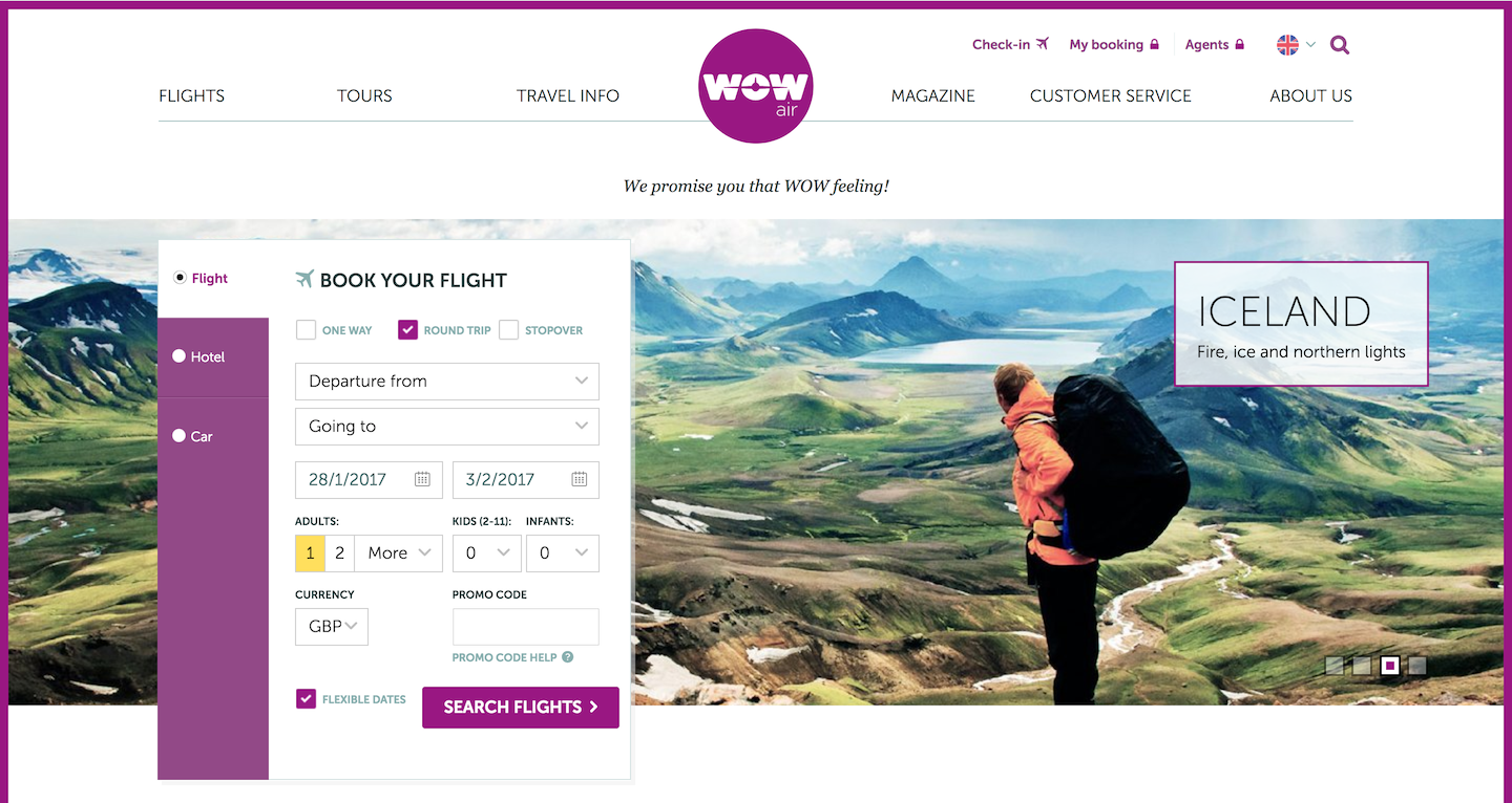 Screenshot of the WOW air homepage, with the flight booking engine