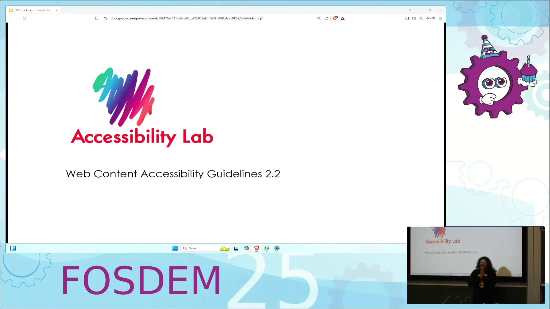 Raashi to the side of her slides, titled 'Accessibility', with examples of what accessibility means