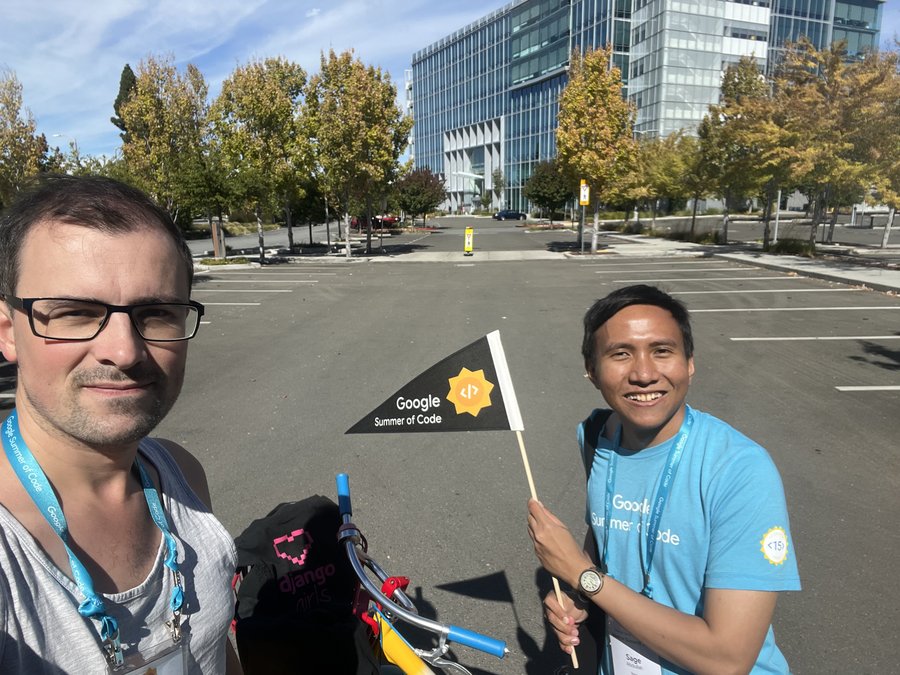 Thibaud and Sage at the Google MP3 campus, with a Google bike and GSoC banner