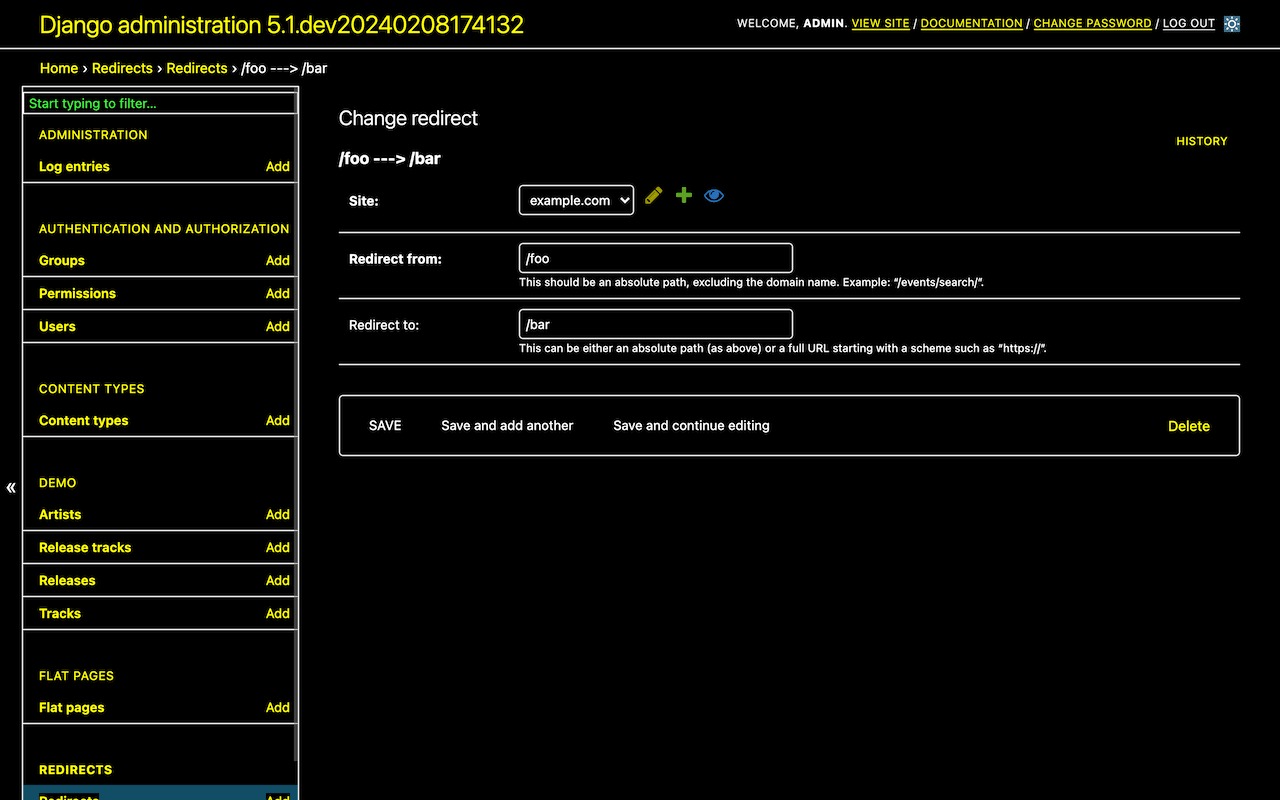 Django admin interface in high contrast mode, black theme