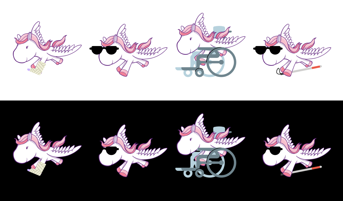 Four variations of the Django pony, displayed over light and dark backgrounds, with accessories