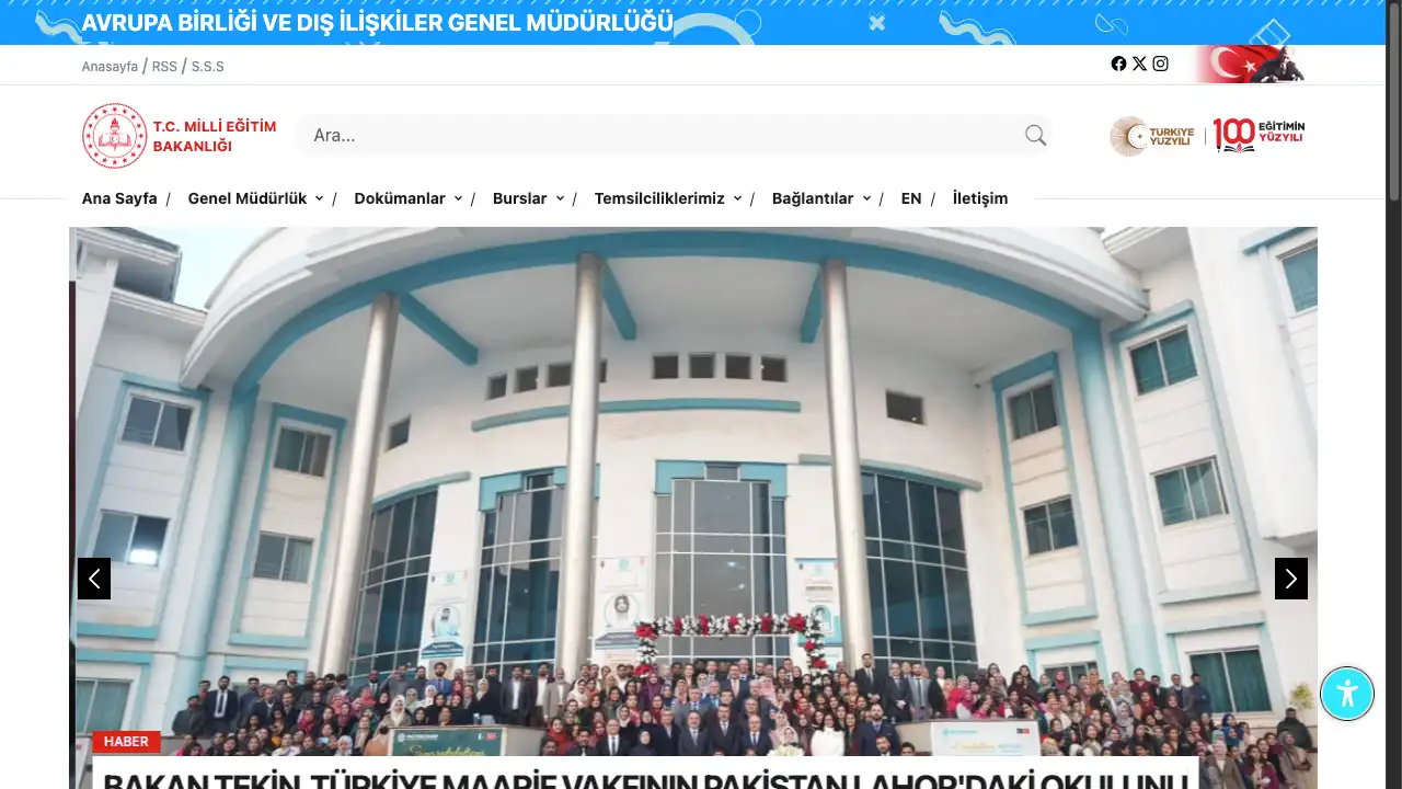 Screenshot of the Türkiye Ministry of Education website