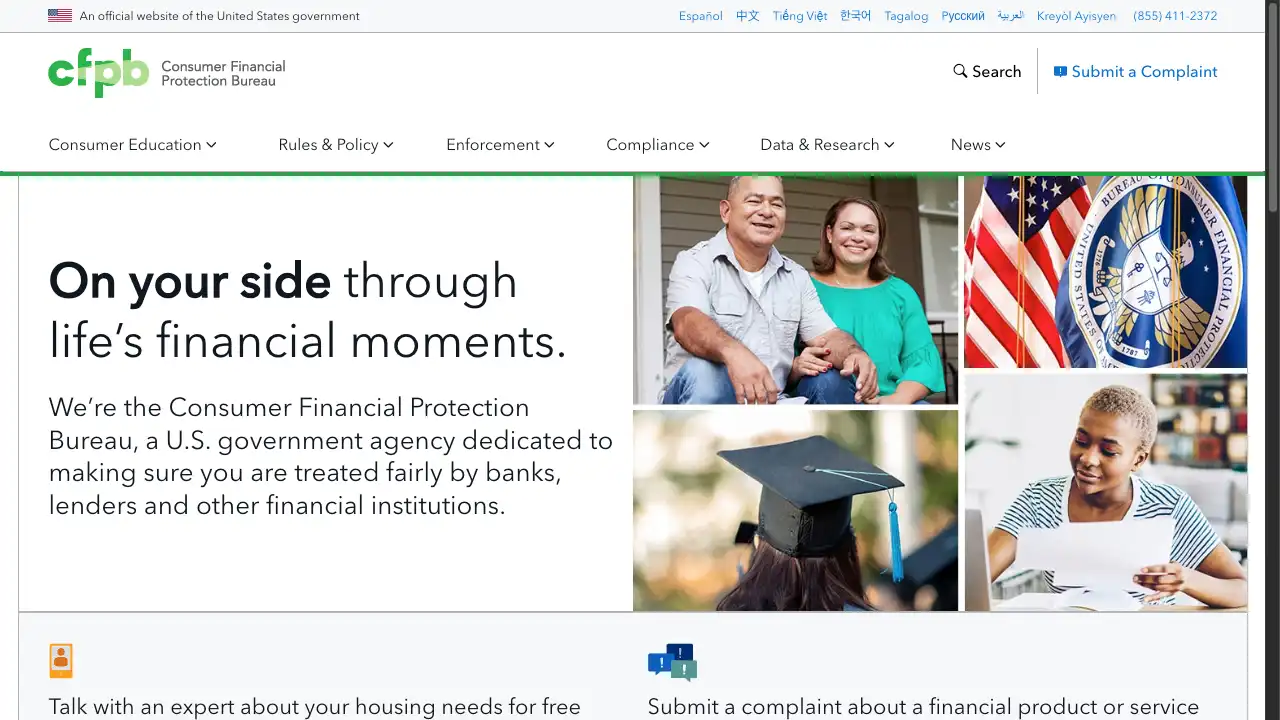 Screenshot of the CFP website. The banner states "On your side through life’s financial moments."