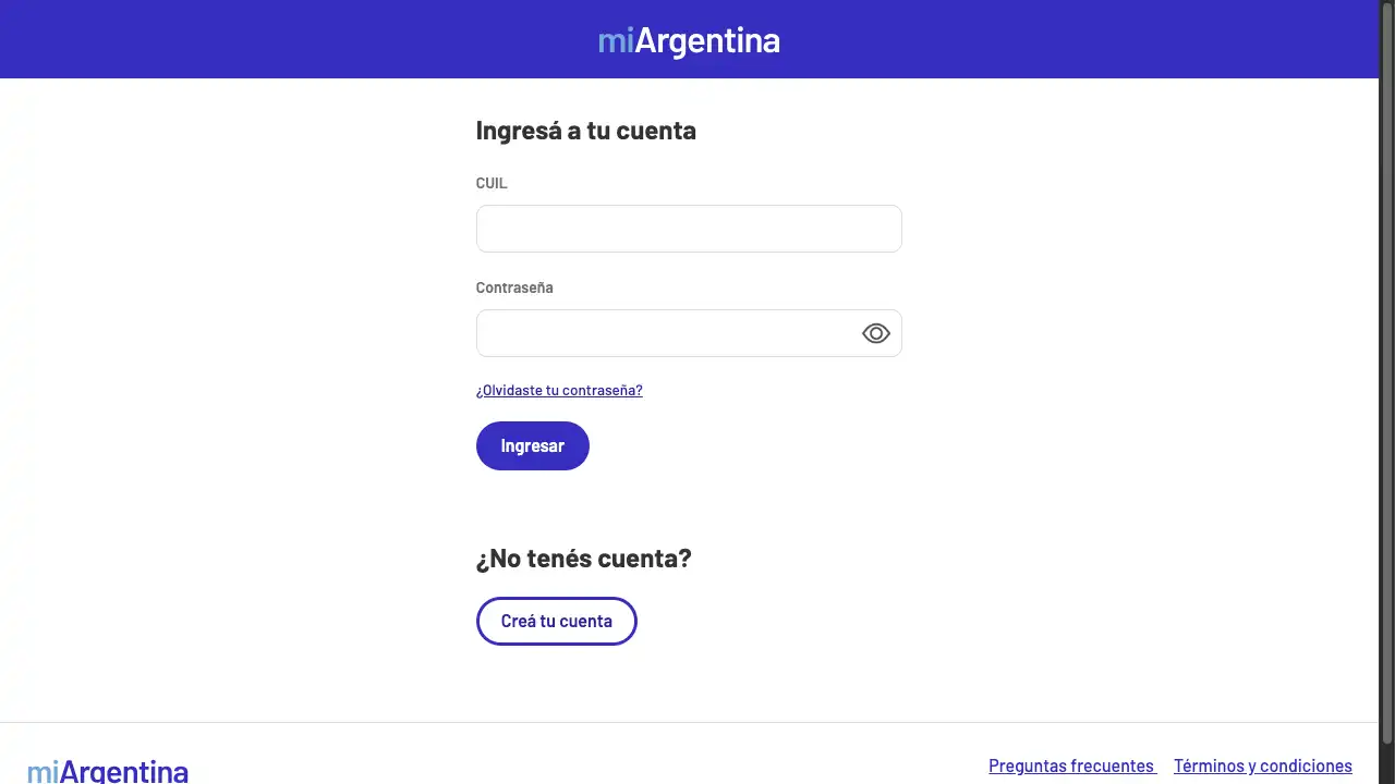 Screenshot of the mi Argentina login form