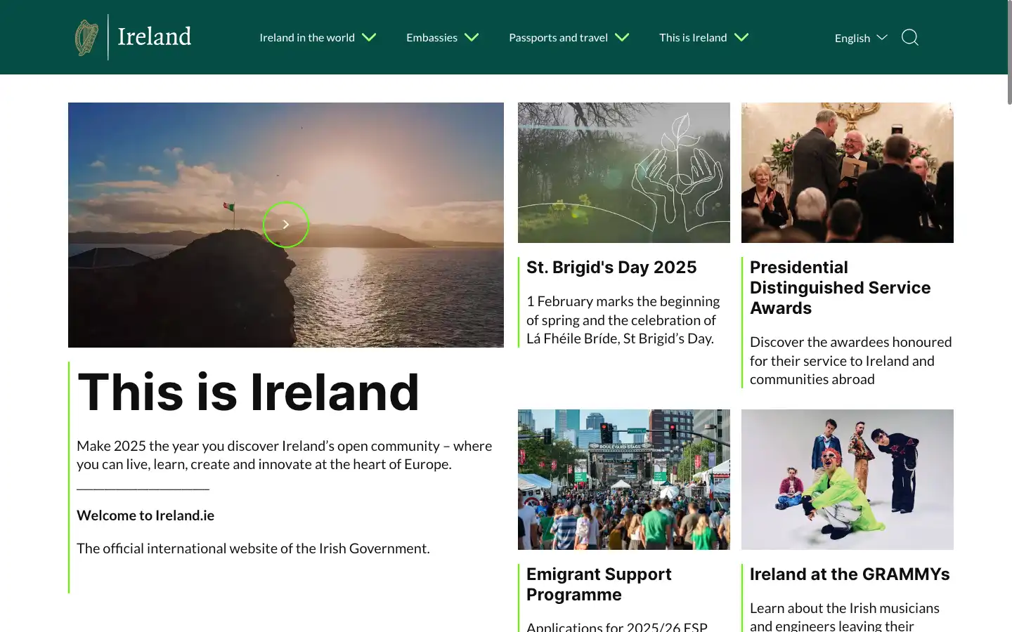 Screenshot of Ireland.ie website, with a green and white theme. The homepage states 'This is Ireland'