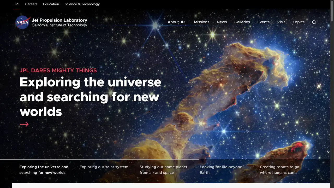 Screenshot of the NASA JPL website, with a "JPL Dare mighty things" slogan, and a hero image of the Pillars of Creation