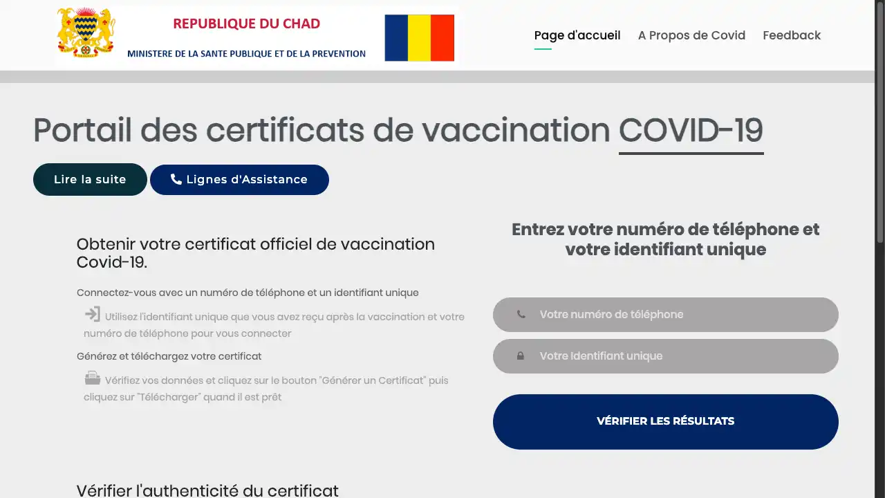 Screenshot of the Covid 19 platform of Chad