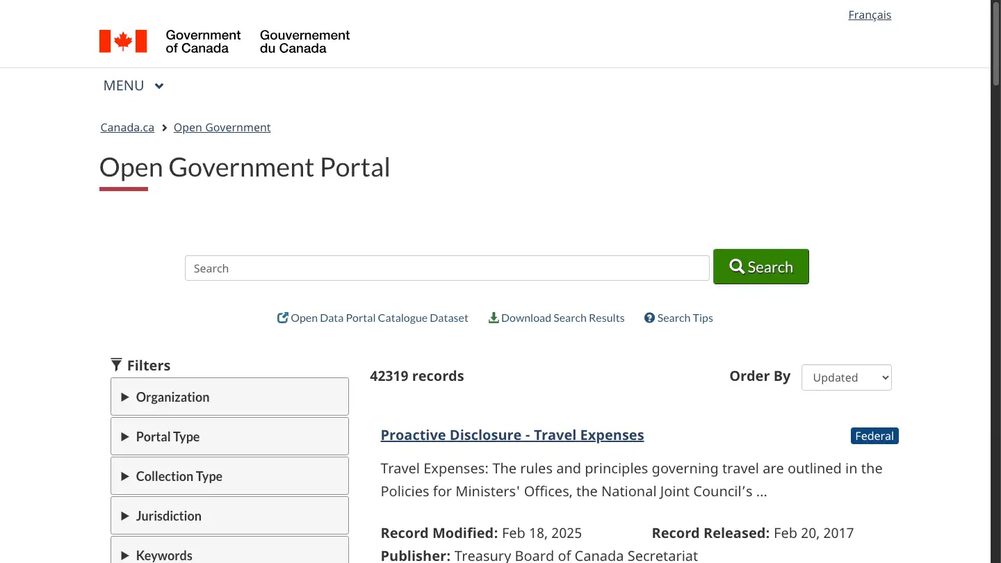 Screenshot of the Government of Canada’s Open Government Portal