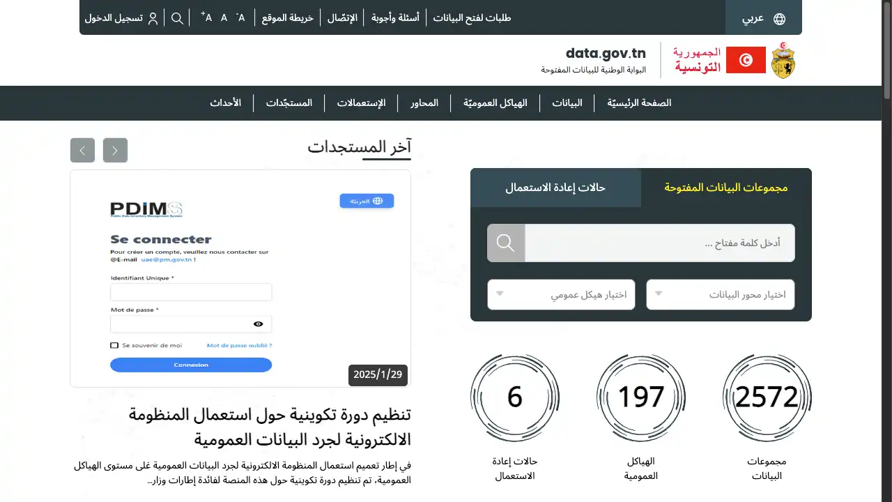 Screenshot of the Tunisia national open data platform