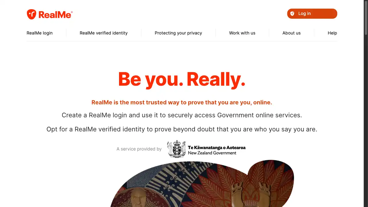Screenshot of the RealMe New Zealand homepage