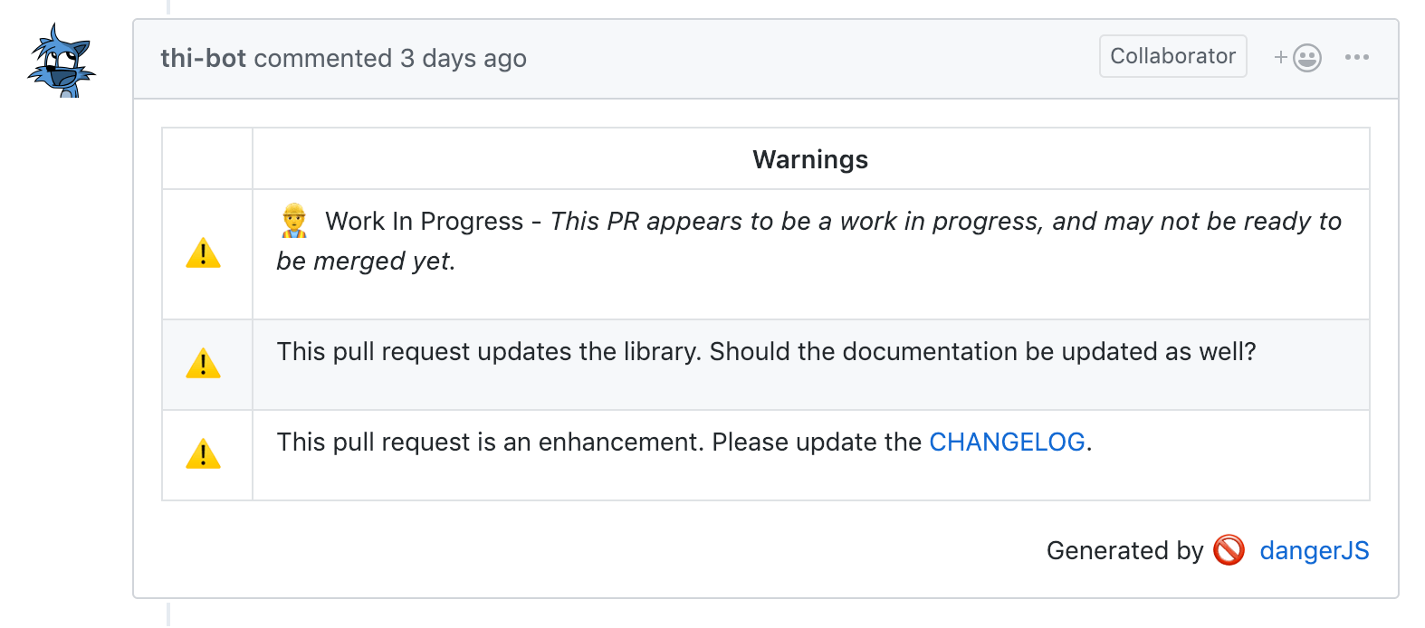 Screenshot of Danger’s assessment of a pull request, as a GitHub comment from @thi-bot. Danger notes the PR is marked as "WIP", and might need to update the documentation and the CHANGELOG