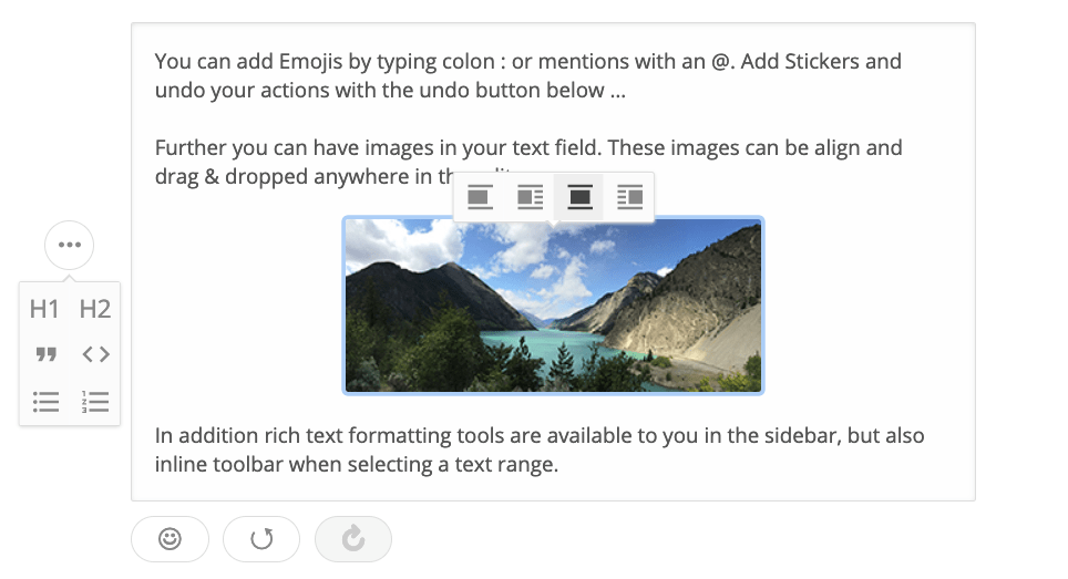 Screenshot of a rich text editor built with Draft.js Plugins. Visible features: image alignment, image selection, emojis, and more