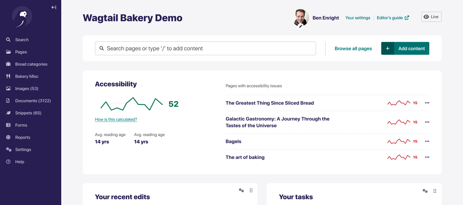 dashboard accessibility reporting, with site-wide accessibility score