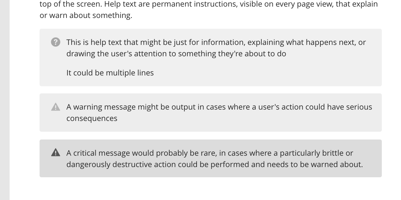 Screenshot of Wagtail’s info, warning and error messages, in greyscale.