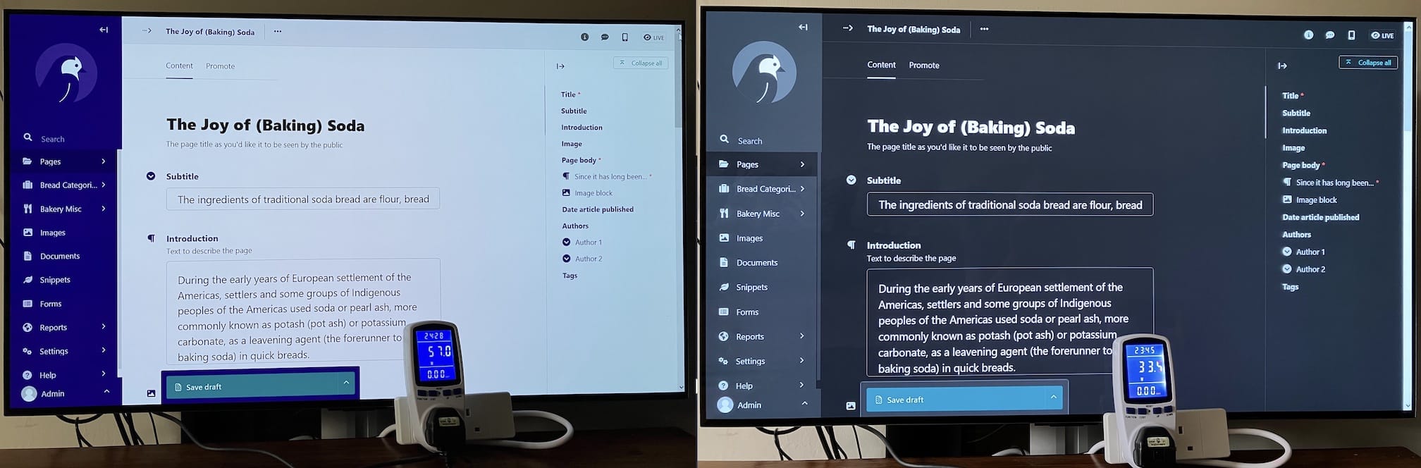 Side-by-side shots of Wagtail in light and dark mode