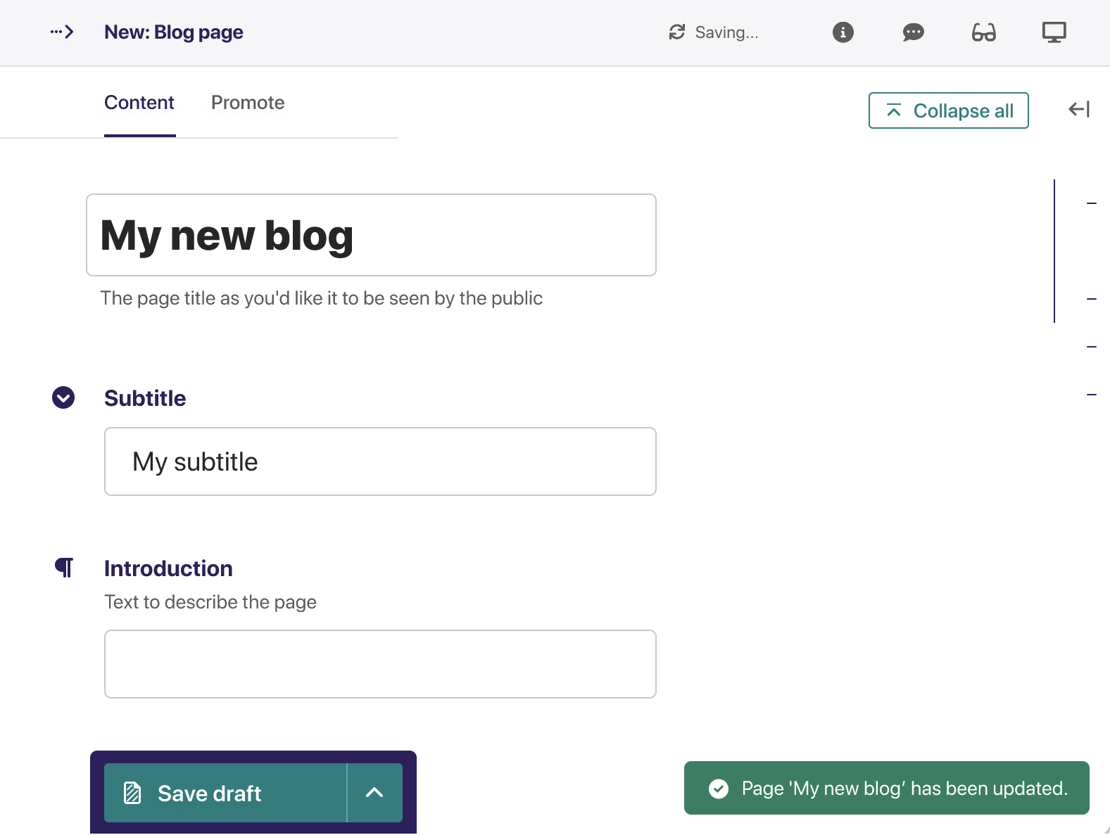 The Wagtail page editor with hints of auto-save UI elements