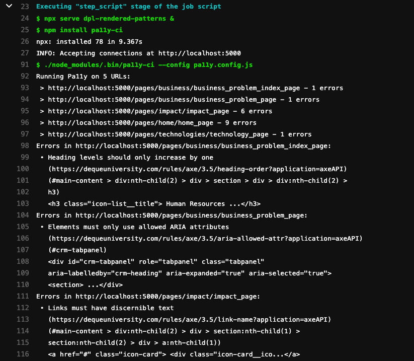 Screenshot of pa11y-ci output in GitLab CI showing reported issues on pattern library templates