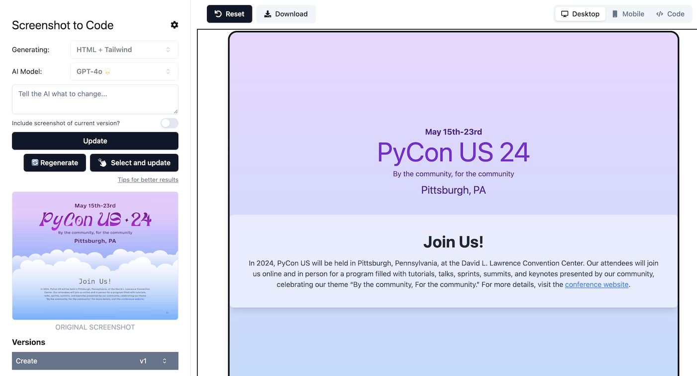 Screenshot of the screenshot-to-code interface with a PyCon US 2024 slide converted to HTML with similar color gradient