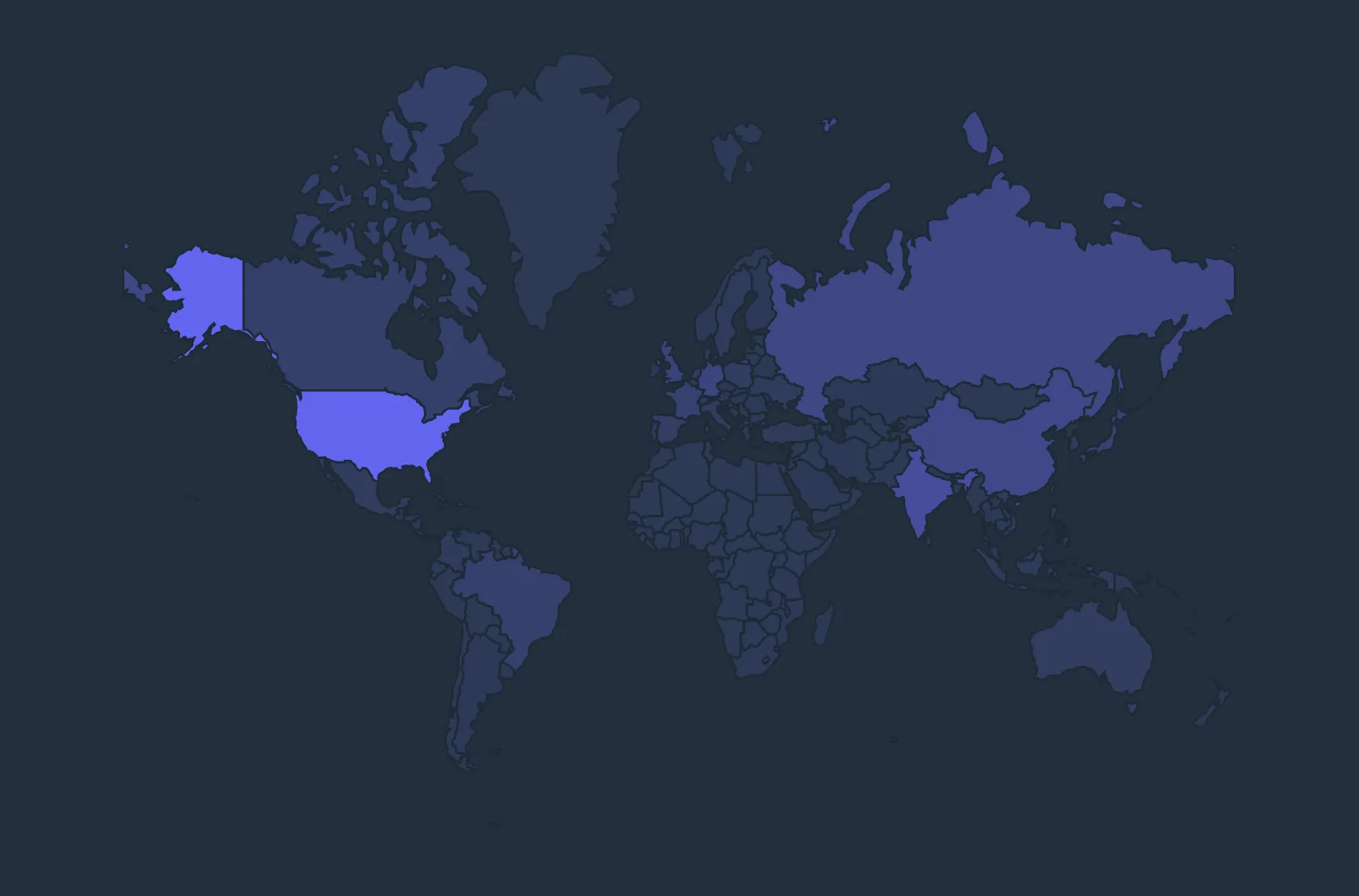 Map of the world countries with docs.python.org visitor statistics. The USA is very brightly colored, with Russia, China, and India in medium tones. The rest of the world is in very dark tones