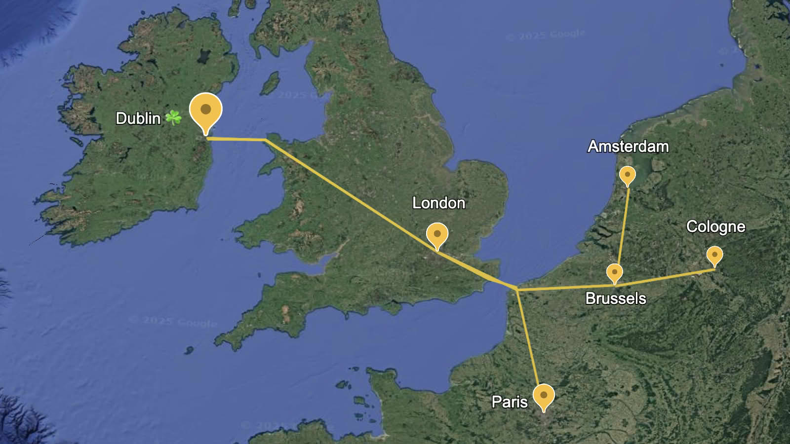 Train travel routes shown on a satellite imagery map, with points for Cologne, Brussels, Paris, Amsterdam, London, Dublin