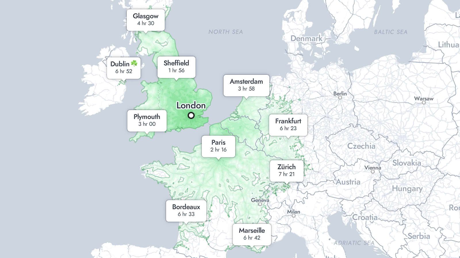 Isochrone map of train travel to London, with green areas based on 8 hour journey time