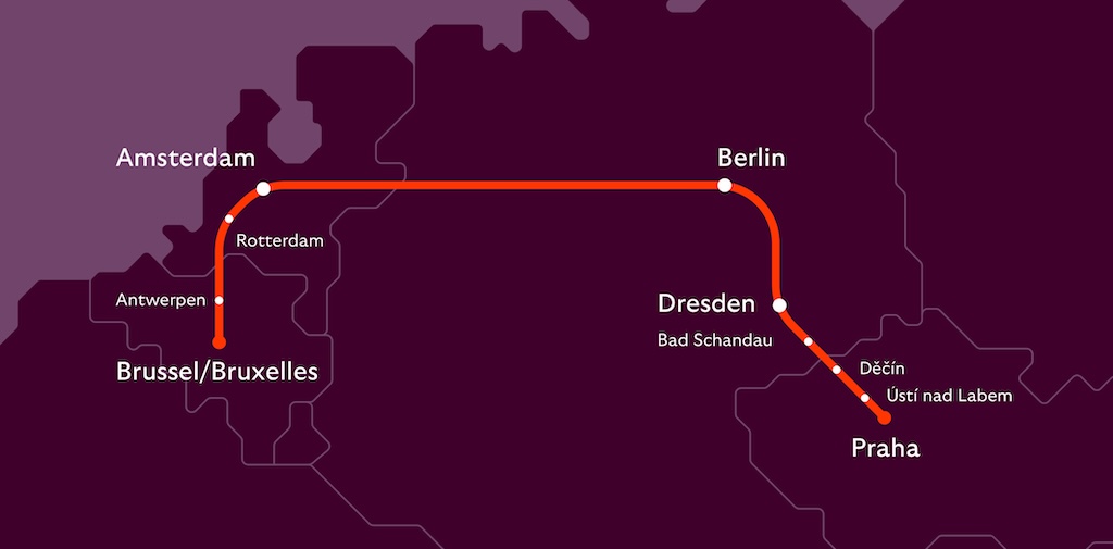 Map of the main European Sleeper route: Brussels, Antwerpen, Rotterdam, Amsterdam, Berlin, Dresden, Bad Schandau, Děčín, Ústí nad Labem