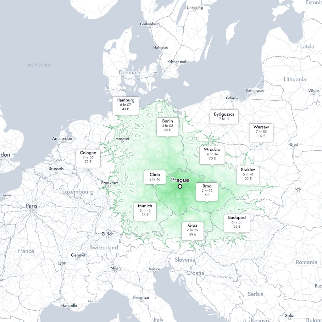 Isochrone map of train travel to Prague, with green areas based on 8 hour journey time