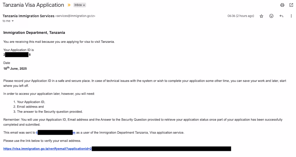Tanzania e-Visa email with Application ID, date, and verification link