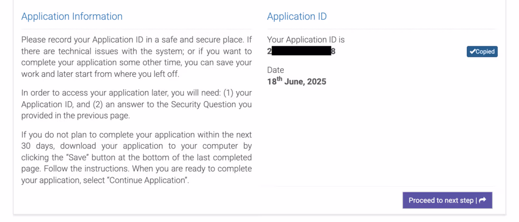 Screen showing generated Application ID and date with “Copied” button