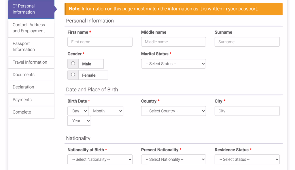 Personal Information page with name, birth date, nationality fields