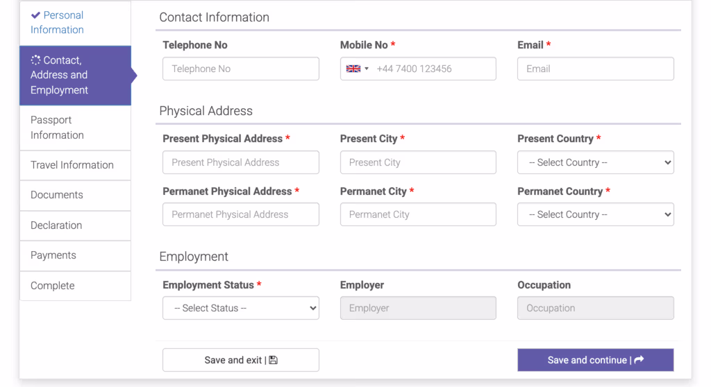 Contact, Address & Employment page with phone, address, employment fields