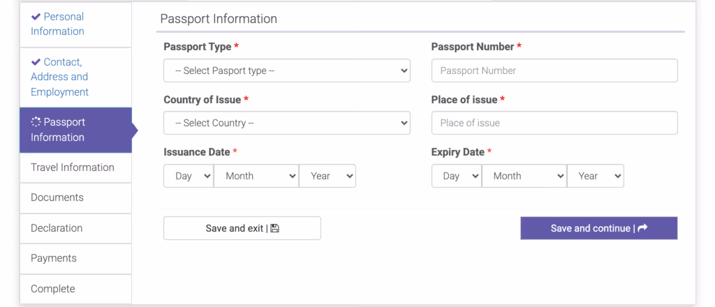 Passport Information page with passport type, number, issue and expiry dates
