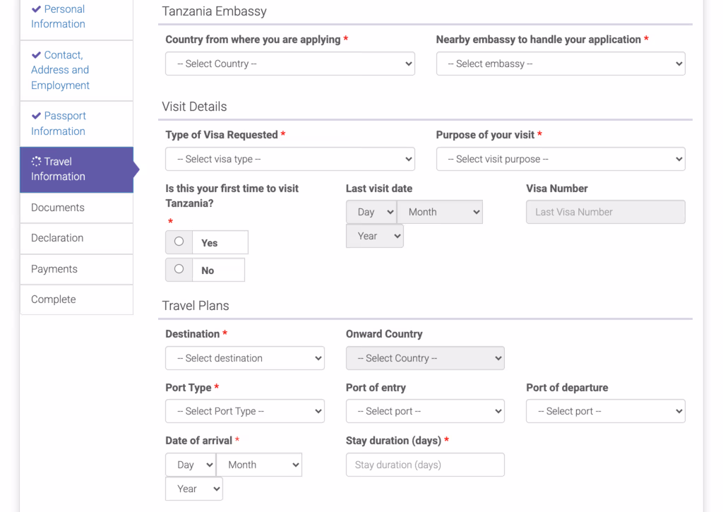 Travel Information with “No” selected revealing last visit date and visa number