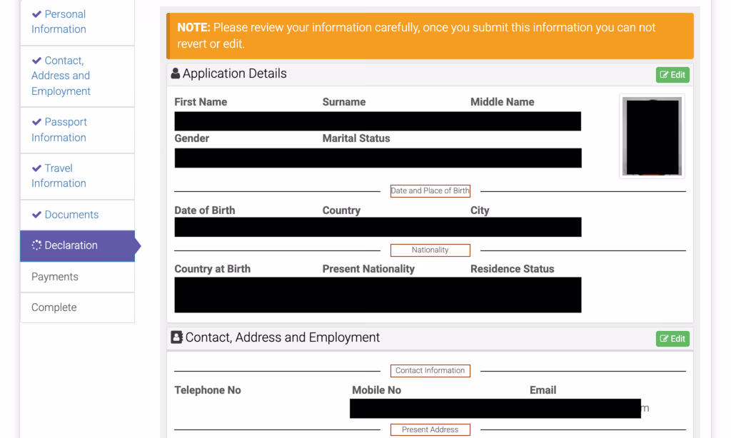 Close-up of the Declaration page fields (application info, contact info) locked for final review