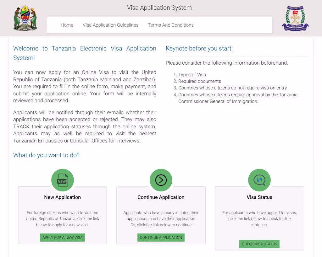 Visa Application System homepage with New Application, Continue Application, and Visa Status options