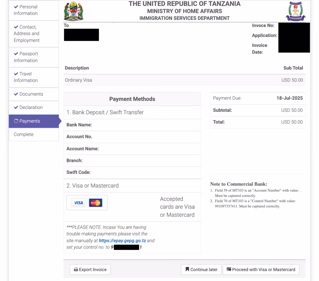 Payments page showing bank deposit details and Visa/Mastercard option