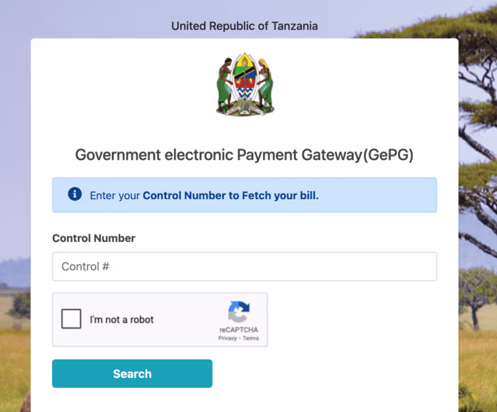 GePG Government electronic Payment Gateway login with Control Number and reCAPTCHA