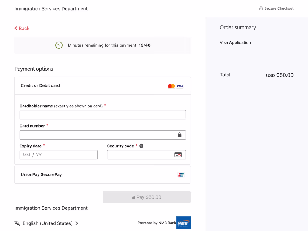 NMB Bank Mastercard/Visa checkout form with card details and timer