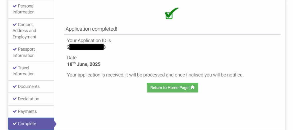 Application completed page showing Application ID and completion date