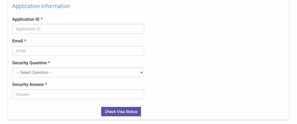 Visa status check form with fields for Application ID, Email, Security Question, and Answer