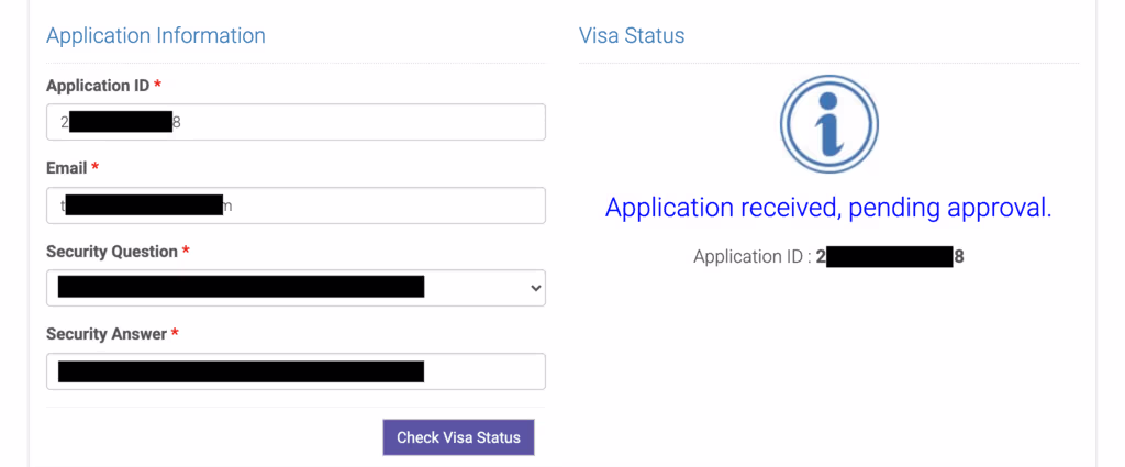 Visa Status “Application received, pending approval” screen with Application ID