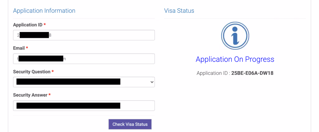 Visa Status “Application On Progress” screen showing Application ID